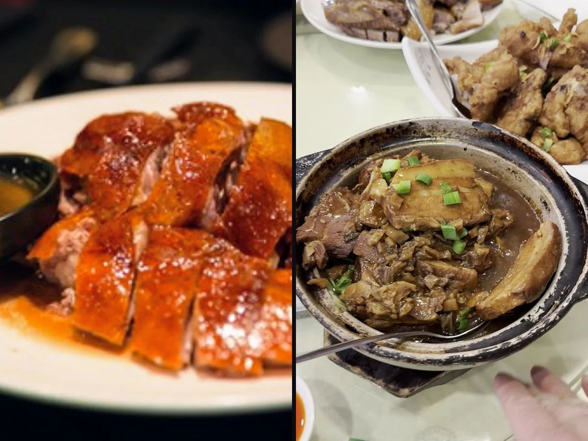 Chinese restaurant dishes on white plates.