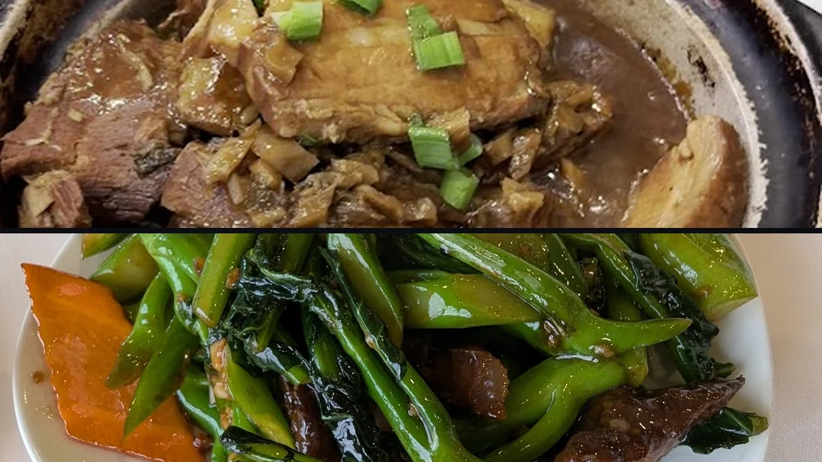 Steaming rice and meat dishes served together.