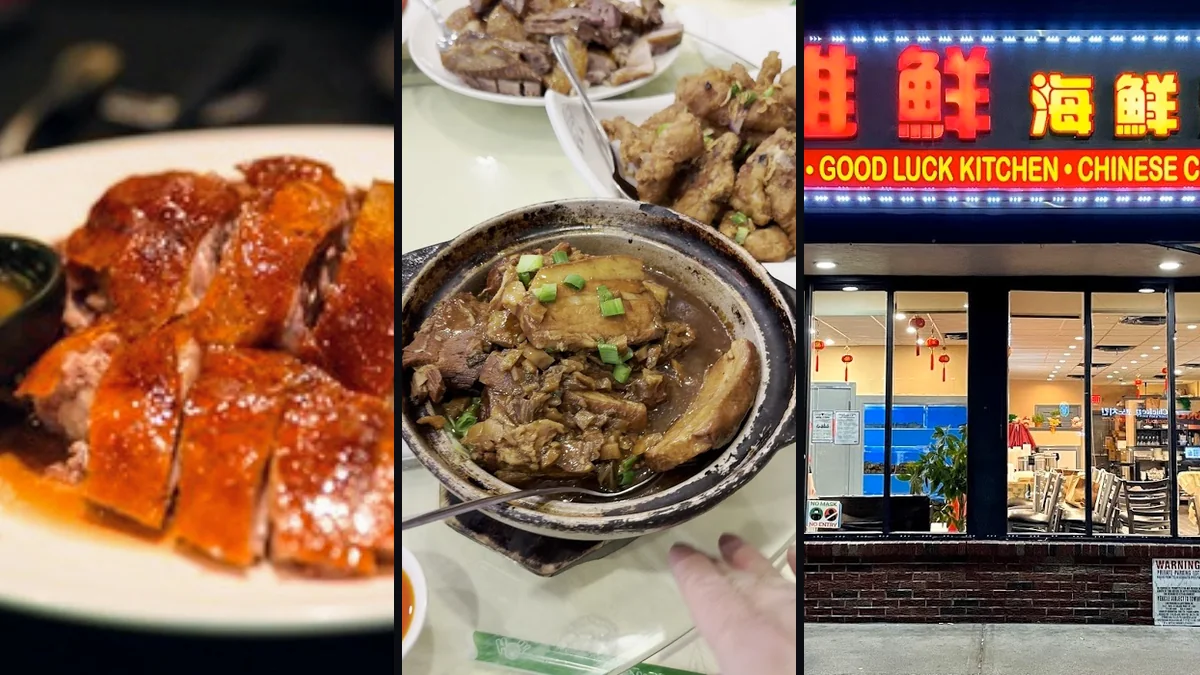 Chinese restaurant dishes on white plates.